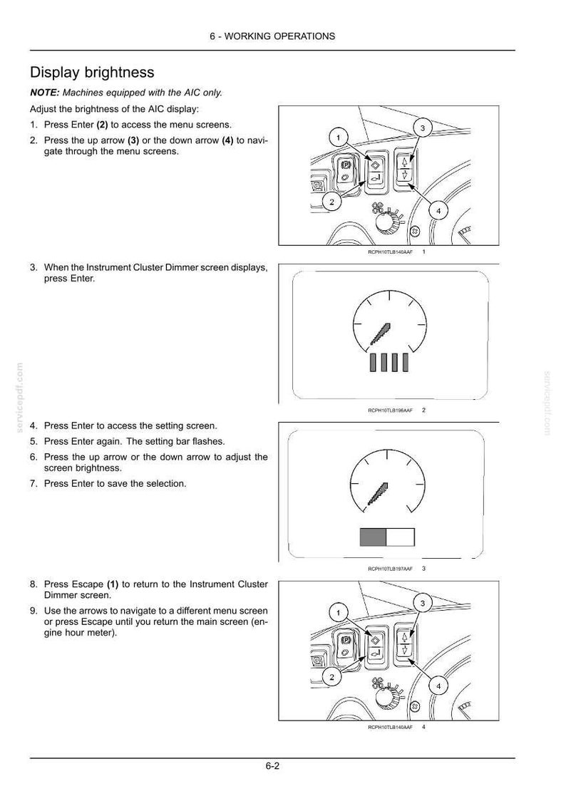 May include: Diagram illustrating the steps to adjust display brightness on a machine. Includes images of the control panel with numbered buttons and a screen displaying a gauge. Text instructions are provided.