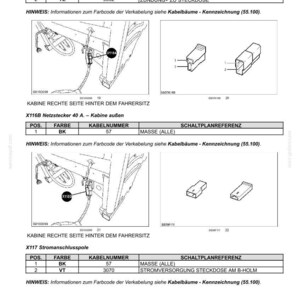 May include: A technical wiring diagram document titled Elektrische Anlagen - Kabelb&auml;ume und Steckverbinder, featuring tables for X116A, X116B, and X117 connectors, including line drawings of electrical components, cable positions, and pin assignments.