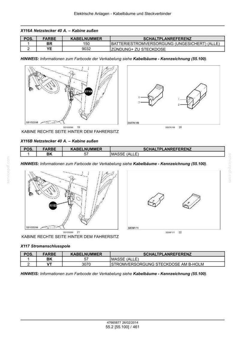 May include: A technical wiring diagram document titled Elektrische Anlagen - Kabelb&auml;ume und Steckverbinder, featuring tables for X116A, X116B, and X117 connectors, including line drawings of electrical components, cable positions, and pin assignments.