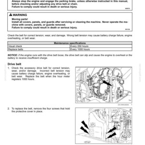 Peut inclure: Page d'un manuel de maintenance intitul&eacute; "Courroie d'entra&icirc;nement". Des avertissements de s&eacute;curit&eacute; concernant les risques d'enchev&ecirc;trement et les pi&egrave;ces en mouvement sont inclus. Des instructions sont donn&eacute;es pour v&eacute;rifier et remplacer la courroie, avec des sch&eacute;mas.