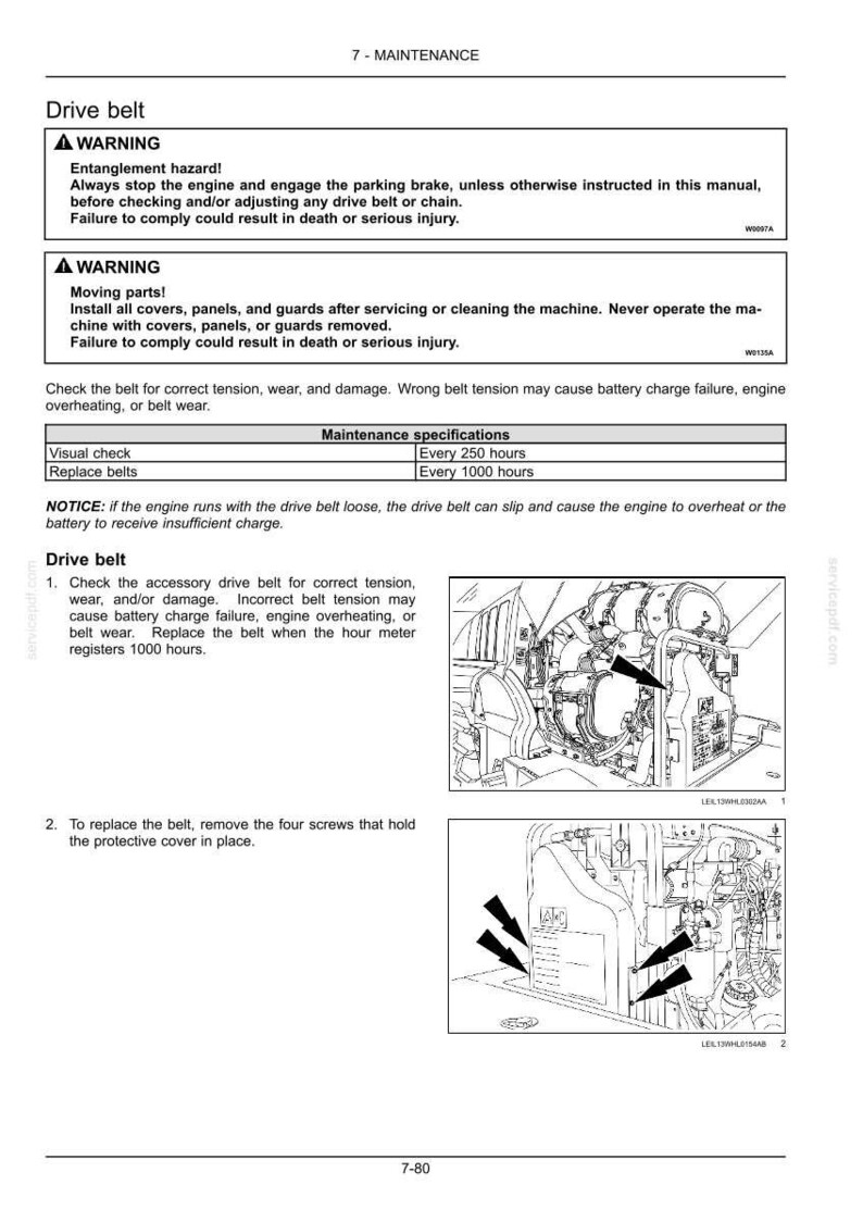 Peut inclure: Page d'un manuel de maintenance intitul&eacute; "Courroie d'entra&icirc;nement". Des avertissements de s&eacute;curit&eacute; concernant les risques d'enchev&ecirc;trement et les pi&egrave;ces en mouvement sont inclus. Des instructions sont donn&eacute;es pour v&eacute;rifier et remplacer la courroie, avec des sch&eacute;mas.