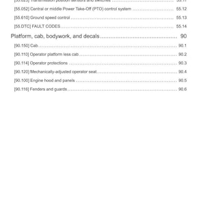 May include: A white document with black text detailing vehicle systems, including HVAC controls, transmission sensors, and fault codes. The document also lists platform, cab, bodywork, and decal components.