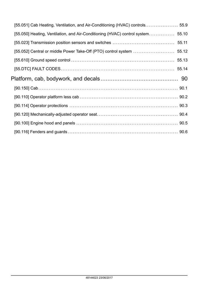 May include: A white document with black text detailing vehicle systems, including HVAC controls, transmission sensors, and fault codes. The document also lists platform, cab, bodywork, and decal components.