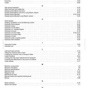 May include: A detailed index page from a manual, featuring a list of machine components, hydraulic systems, and maintenance procedures. The text is in black font on a white background.
