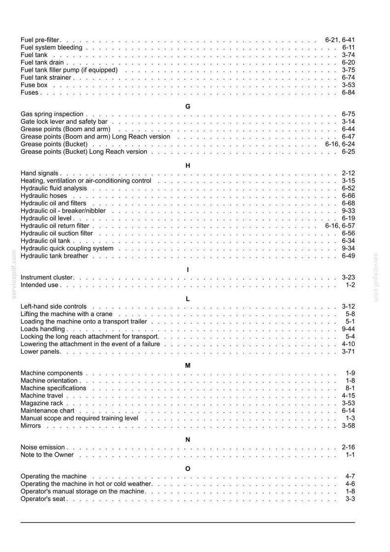 May include: A detailed index page from a manual, featuring a list of machine components, hydraulic systems, and maintenance procedures. The text is in black font on a white background.
