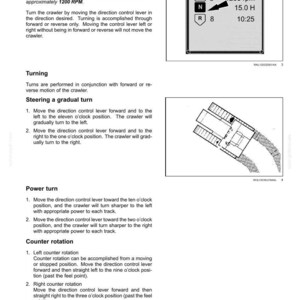 K&ouml;nnte beinhalten: Eine Seite eines technischen Dokuments mit dem Titel 4 - OPERATING INSTRUCTIONS zur Bedienung eines Raupenfahrzeugs. Sie enth&auml;lt Anweisungen zum Lenken, Wenden und Drehen sowie eine Multifunktionsanzeige mit F, N, R, 1200 rpm und ein Diagramm.