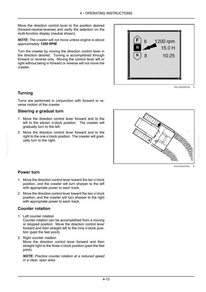 K&ouml;nnte beinhalten: Eine Seite eines technischen Dokuments mit dem Titel 4 - OPERATING INSTRUCTIONS zur Bedienung eines Raupenfahrzeugs. Sie enth&auml;lt Anweisungen zum Lenken, Wenden und Drehen sowie eine Multifunktionsanzeige mit F, N, R, 1200 rpm und ein Diagramm.