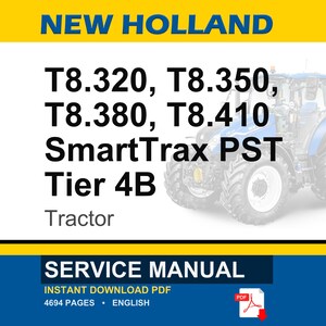 May include: A blue and white New Holland tractor with the text "T8.320, T8.350, T8.380, T8.410 SmartTrax PST Tier 4B Tractor." The image also includes the text "SERVICE MANUAL" and "INSTANT DOWNLOAD PDF".