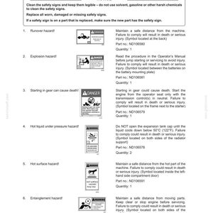 May include: A page from a manual with safety signs and labels. The text includes warnings about runover, explosion, starting in gear, hot liquid, hot surfaces, and entanglement hazards. Each hazard has a corresponding symbol and safety instructions.