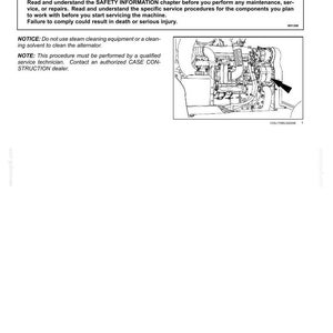 May include: Page from a maintenance manual with the title "Alternator (Checking)". The page includes a warning about improper service and a diagram of an engine component with an arrow pointing to the alternator.