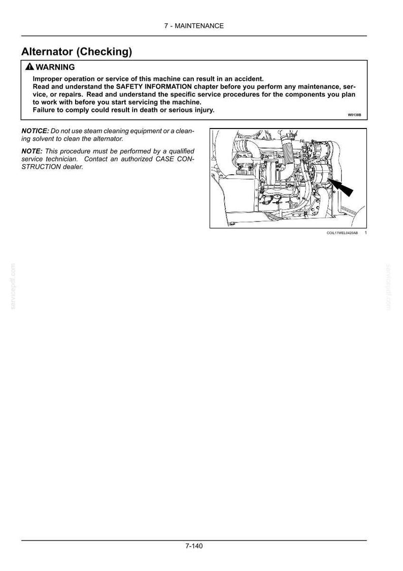 May include: Page from a maintenance manual with the title "Alternator (Checking)". The page includes a warning about improper service and a diagram of an engine component with an arrow pointing to the alternator.