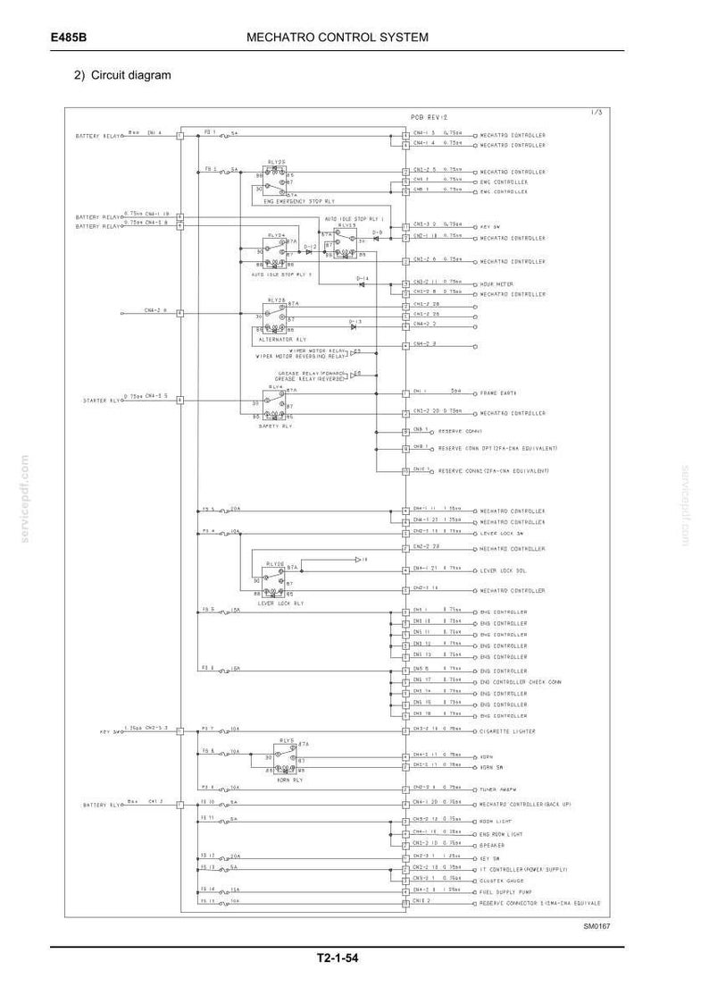 May include: A technical circuit diagram titled E485B MECHATRO CONTROL SYSTEM, displaying electrical connections, relay components, and controller inputs. The schematic features black lines on a white background with text labels for various system parts.
