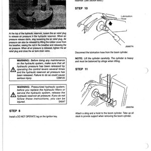 May include: Diagram of hydraulic system maintenance steps. Includes illustrations of components like the air relief plug, lubrication hose, and boom cylinder. Text instructions detail procedures for releasing pressure and disconnecting parts.