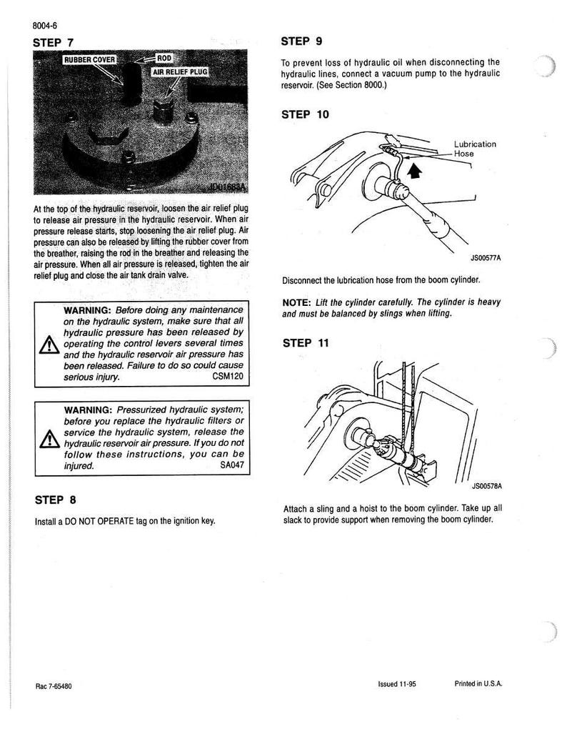 May include: Diagram of hydraulic system maintenance steps. Includes illustrations of components like the air relief plug, lubrication hose, and boom cylinder. Text instructions detail procedures for releasing pressure and disconnecting parts.