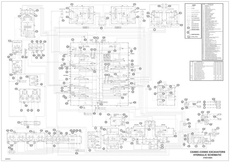 May include: A detailed black and white hydraulic schematic for CX490C-CX500C excavators. The diagram includes numerous interconnected components, labeled with circles and lines, and a legend with technical information.