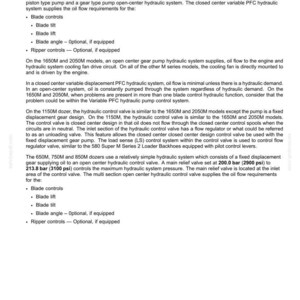 May include: Document titled "Hydraulic systems - Dynamic description - Hydraulic Oil Supply" with technical details on hydraulic systems, including blade controls, blade tilt, and ripper controls. The document also mentions pressure in psi.