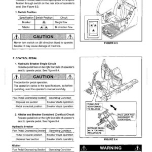 May include: A technical manual page titled Section VIII - OPTIONAL EQUIPMENT, detailing the Breaker and Nibbler selector switch and control pedal operations. It includes diagrams of an operator seat, switch positions, and pedal instructions.