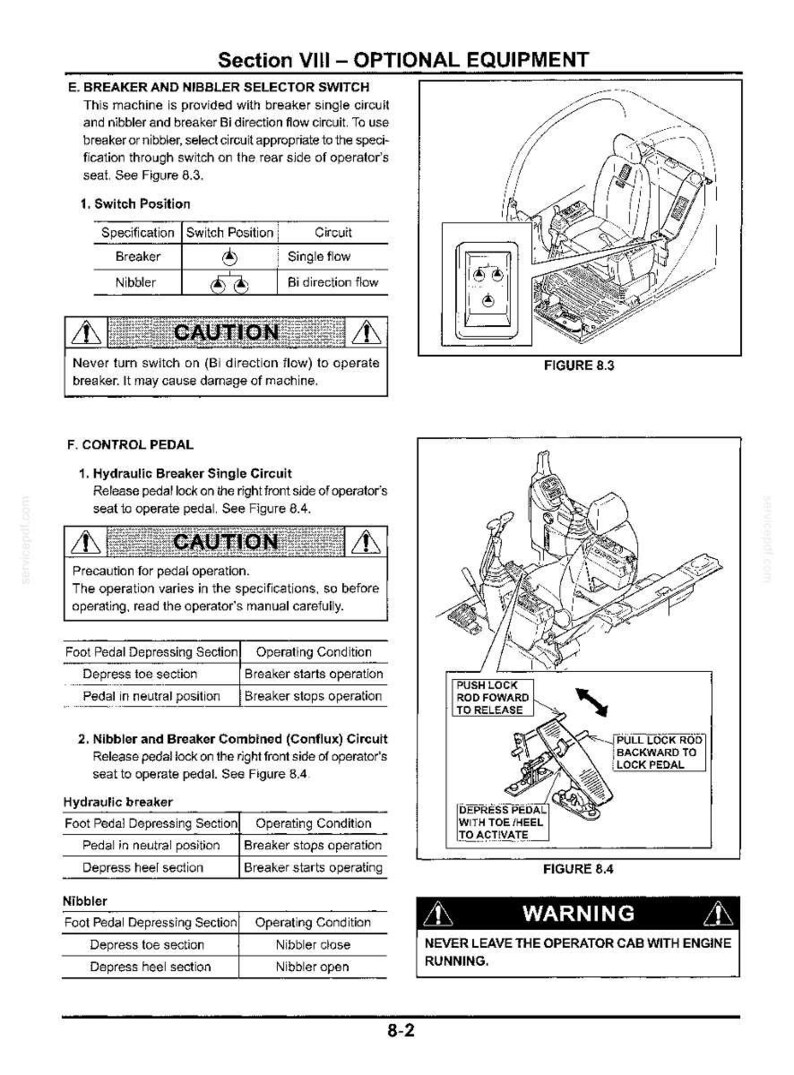 May include: A technical manual page titled Section VIII - OPTIONAL EQUIPMENT, detailing the Breaker and Nibbler selector switch and control pedal operations. It includes diagrams of an operator seat, switch positions, and pedal instructions.