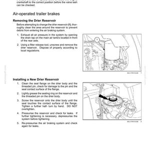 May include: A technical maintenance manual page titled 7-MAINTENANCE, detailing engine tappet valve clearance and air-operated trailer brakes. It includes instructions for removing and installing a drier reservoir, accompanied by two line-art diagrams.
