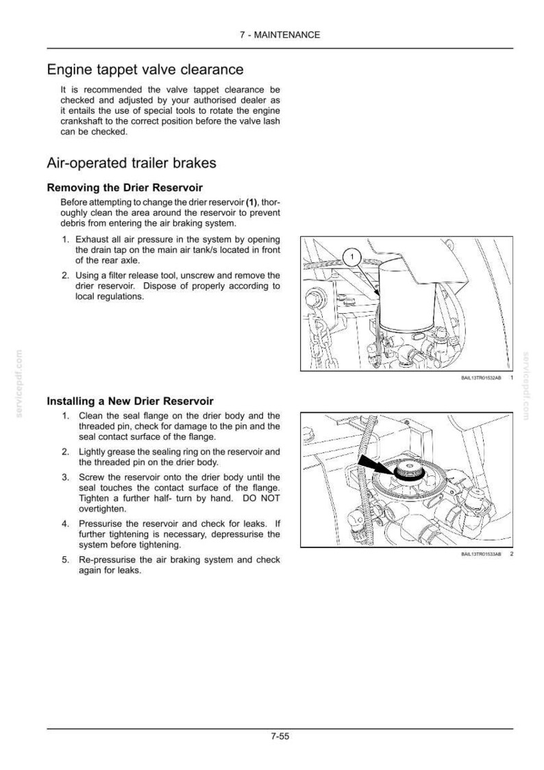 May include: A technical maintenance manual page titled 7-MAINTENANCE, detailing engine tappet valve clearance and air-operated trailer brakes. It includes instructions for removing and installing a drier reservoir, accompanied by two line-art diagrams.