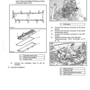 Op de afbeelding: Technische tekening voor het verwijderen en installeren van een cilinderkop, met aanhaalmoment specificaties in Nm en lb-ft. Voorzien van gelabelde onderdelen en diagrammen.