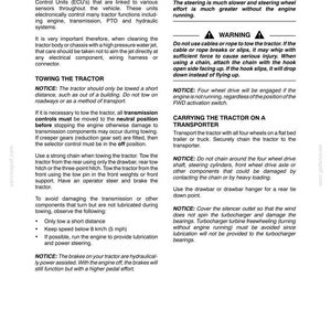 May include: A technical document page titled Section 3 - Field Operations, containing instructions for pressure washing, towing, and transporting a tractor. The text includes safety warnings, cautions, and notices regarding engine, transmission, and hydraulic systems.