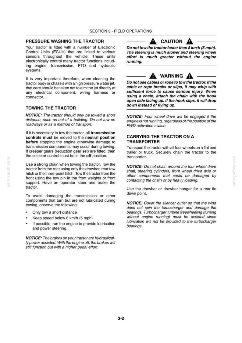 May include: A technical document page titled Section 3 - Field Operations, containing instructions for pressure washing, towing, and transporting a tractor. The text includes safety warnings, cautions, and notices regarding engine, transmission, and hydraulic systems.
