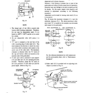 Puede incluir: Una p&aacute;gina de manual t&eacute;cnico que detalla el desmontaje y ajuste de un mecanismo de rodillo. El documento incluye diagramas etiquetados como Fig. 18, Fig. 19, Fig. 20 y Fig. 21, que muestran ejes de rodillo, tuercas y placas gu&iacute;a.
