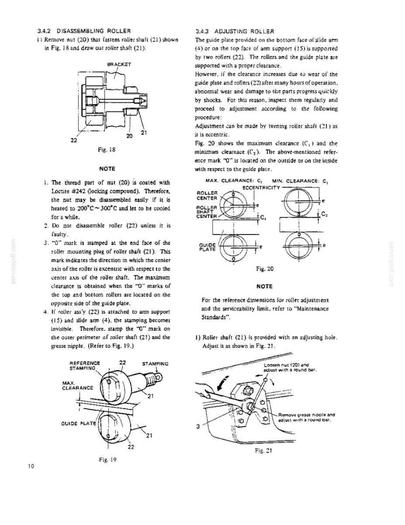 Puede incluir: Una p&aacute;gina de manual t&eacute;cnico que detalla el desmontaje y ajuste de un mecanismo de rodillo. El documento incluye diagramas etiquetados como Fig. 18, Fig. 19, Fig. 20 y Fig. 21, que muestran ejes de rodillo, tuercas y placas gu&iacute;a.