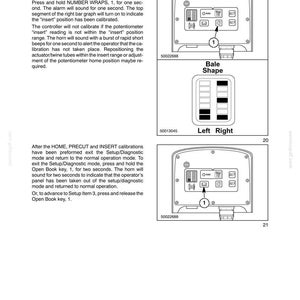 May include: Page from a manual showing diagrams of electrical system components. The diagrams include a control panel with buttons and a bale shape indicator. Text explains calibration procedures.