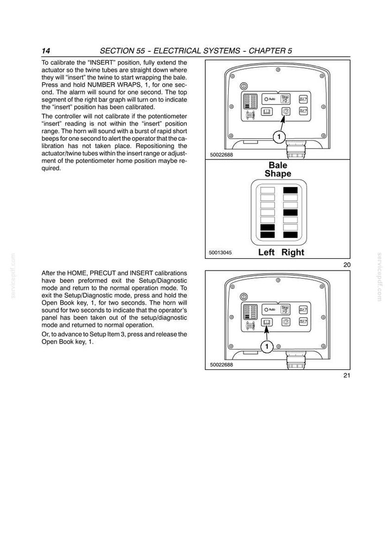 May include: Page from a manual showing diagrams of electrical system components. The diagrams include a control panel with buttons and a bale shape indicator. Text explains calibration procedures.