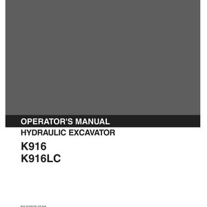 K&ouml;nnte beinhalten: Ein graues und wei&szlig;es Kobelco-Bedienungshandbuch f&uuml;r einen Hydraulikbagger, Modelle K916 und K916LC. Das Cover zeigt den Markennamen, den Dokumententitel, die Modellnummern, den Code S2LS1001E-03 NA und das Ausgabedatum 11-1987.