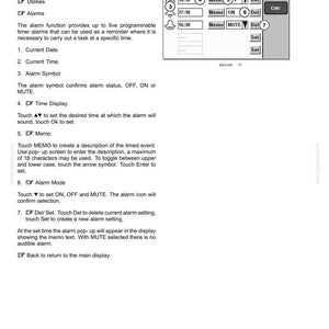May include: A technical manual page titled 3-CONTROLS AND INSTRUMENTS, detailing the Setting Alarm Reminder function. It includes a grayscale interface diagram showing date, time, alarm symbols, memo fields, and buttons labeled Back, Alarms, and Calc.