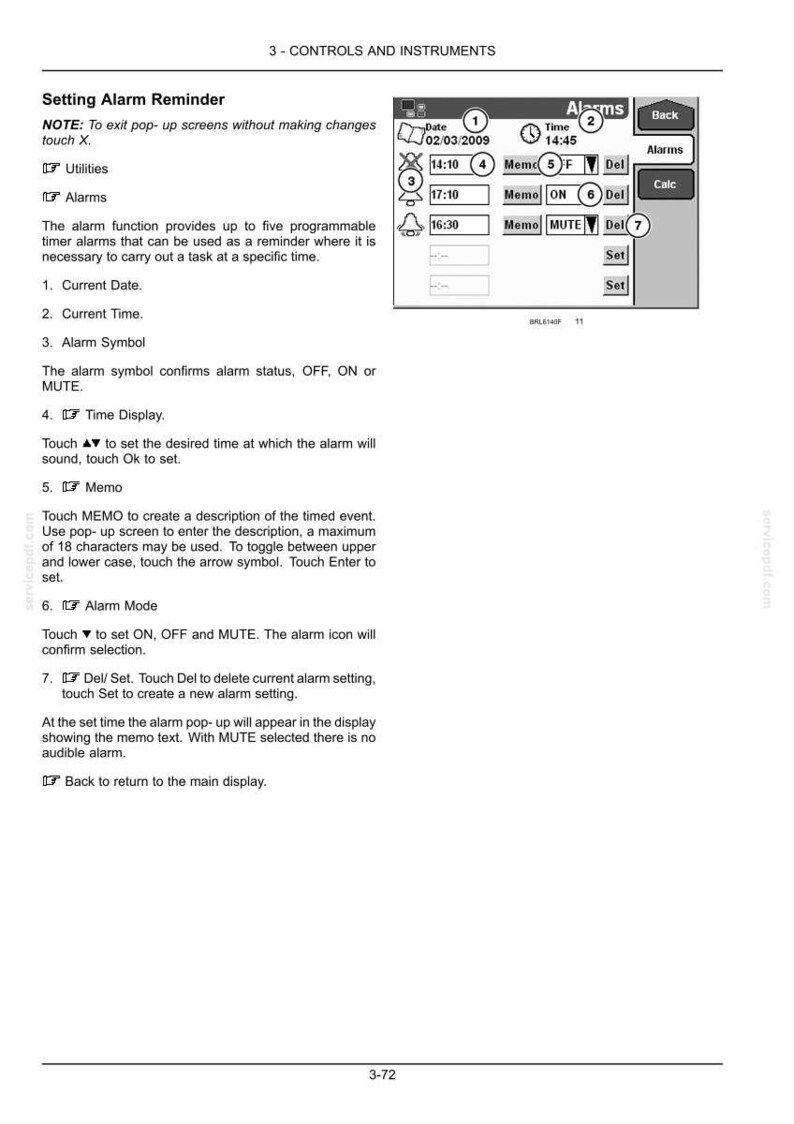 May include: A technical manual page titled 3-CONTROLS AND INSTRUMENTS, detailing the Setting Alarm Reminder function. It includes a grayscale interface diagram showing date, time, alarm symbols, memo fields, and buttons labeled Back, Alarms, and Calc.