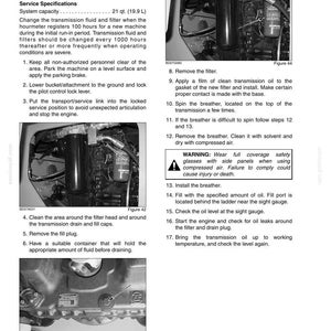 May include: A page from a maintenance manual detailing the process to change transmission fluid and filter. The text includes instructions, warnings, and diagrams of the engine components. The system capacity is 21 qt. (19.9 L).