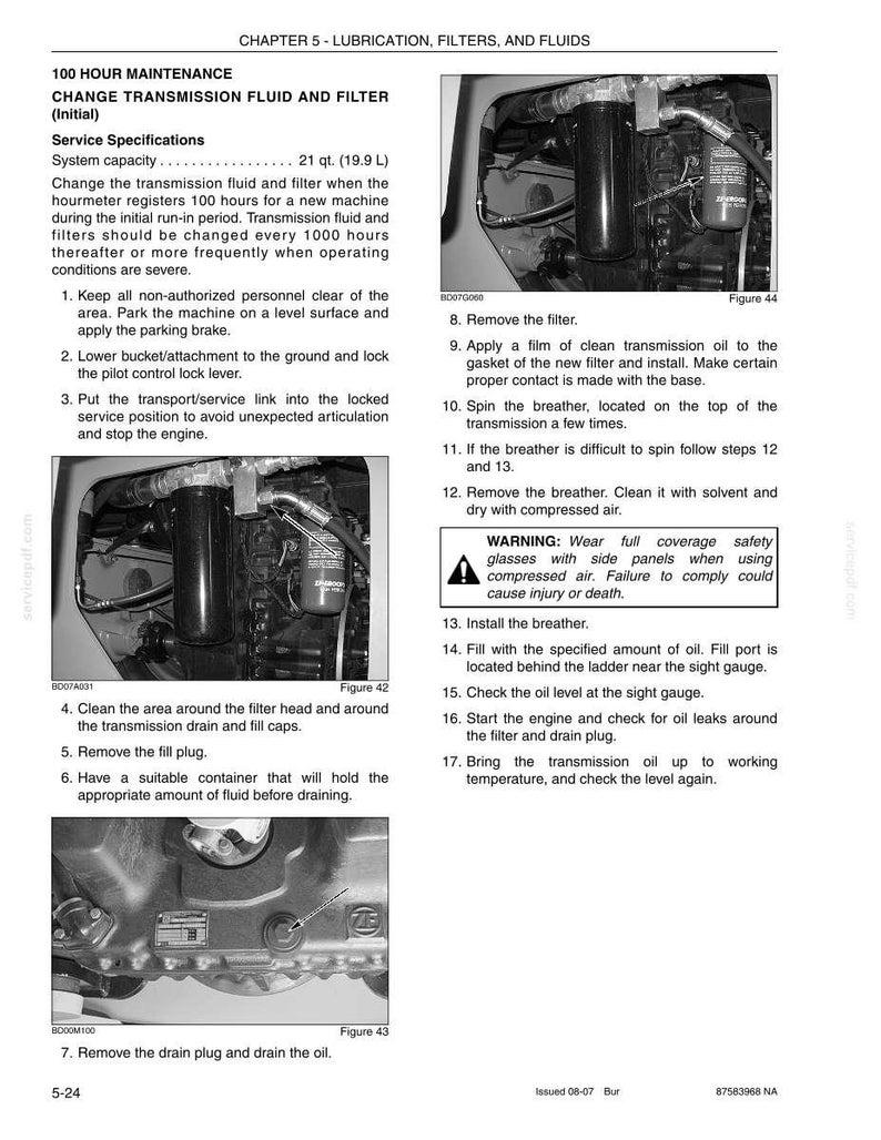 May include: A page from a maintenance manual detailing the process to change transmission fluid and filter. The text includes instructions, warnings, and diagrams of the engine components. The system capacity is 21 qt. (19.9 L).