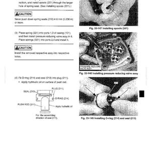 May include: A technical manual page titled Upper Slewing Body, section 33.2.3.4.2 Assembly. It features three black and white photographs showing the installation of spools, a pressure reducing valve assembly, and an O-ring with a seal.