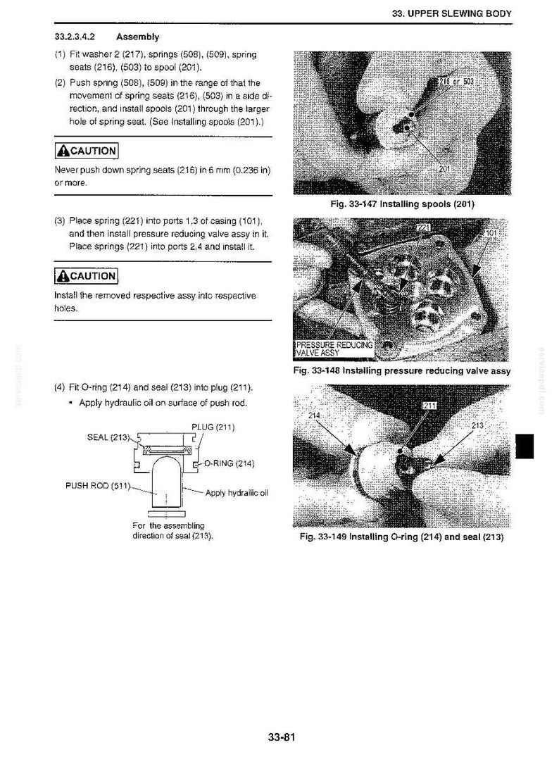 May include: A technical manual page titled Upper Slewing Body, section 33.2.3.4.2 Assembly. It features three black and white photographs showing the installation of spools, a pressure reducing valve assembly, and an O-ring with a seal.