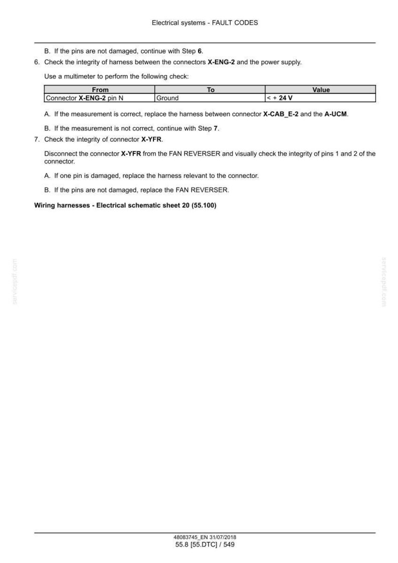 May include: A technical document titled "Electrical systems - FAULT CODES" with instructions for checking wiring harnesses. Includes a table with connector and voltage information. The document is labeled "Wiring harnesses - Electrical schematic sheet 20 (55.100)."