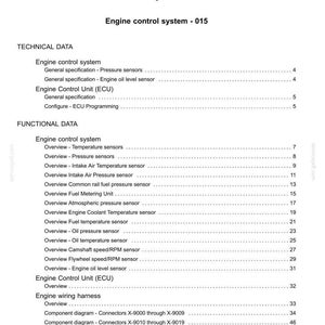 May include: A white document titled "Contents" with the text "Electrical systems - 55" and "Engine control system - 015." The document lists technical and functional data, including engine control system and engine wiring harness information.