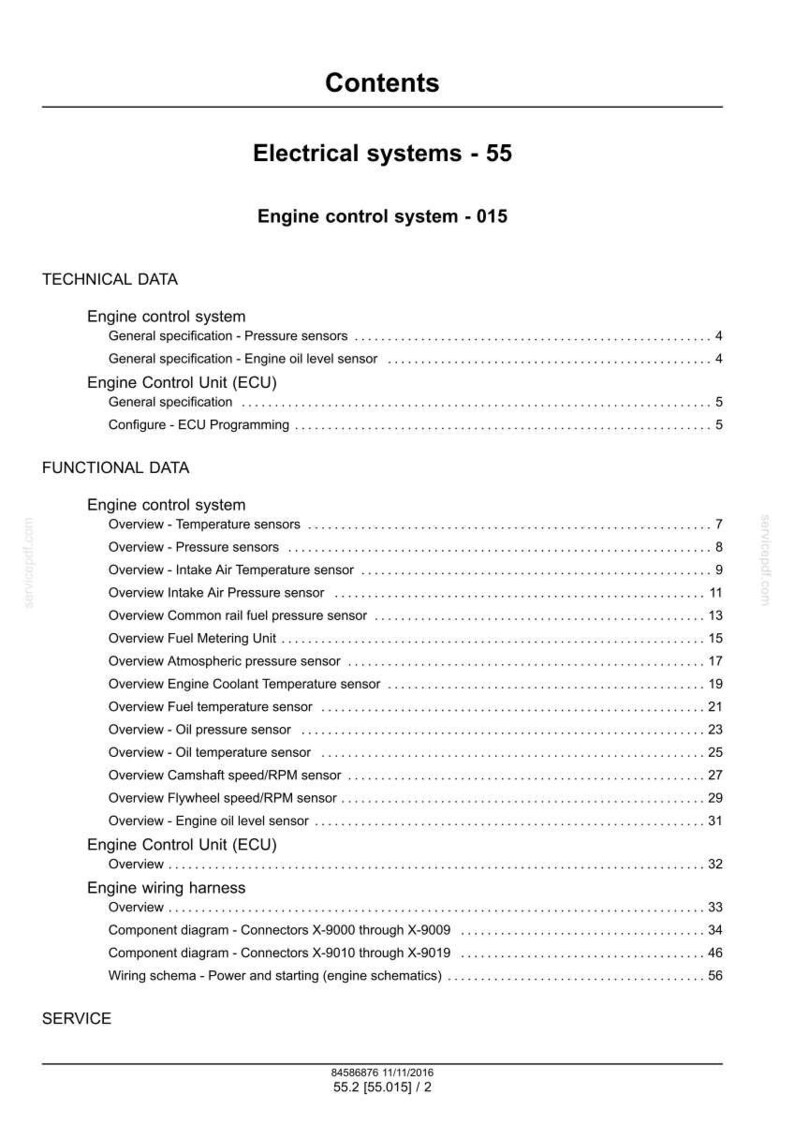 May include: A white document titled "Contents" with the text "Electrical systems - 55" and "Engine control system - 015." The document lists technical and functional data, including engine control system and engine wiring harness information.