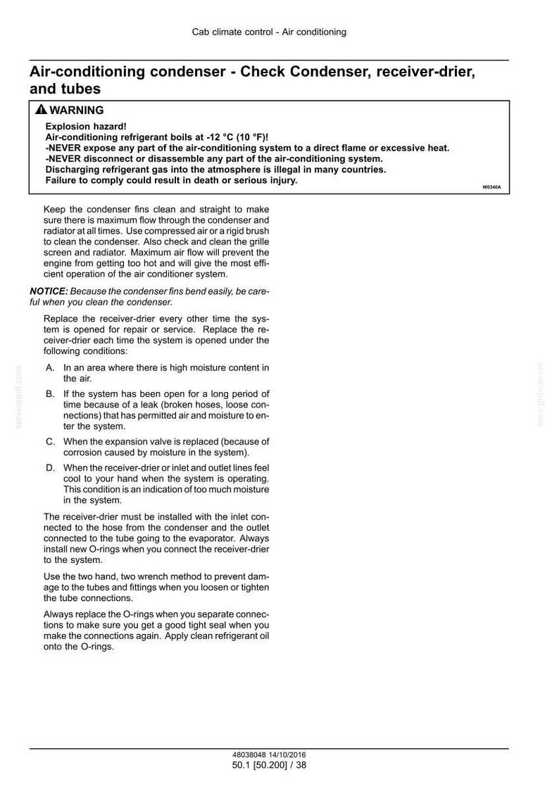 Puede incluir: Documento t&eacute;cnico que detalla el mantenimiento del sistema de aire acondicionado, incluyendo la revisi&oacute;n del condensador y el filtro deshidratador. Incluye advertencias de seguridad y consejos de limpieza y reemplazo. Fecha del documento: 14/10/2016.