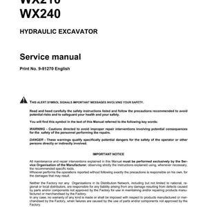 Op de afbeelding: Een witte servicehandleiding voor een hydraulische graafmachine, met de tekst "WX210 WX240" bovenaan. De handleiding bevat veiligheidswaarschuwingen en belangrijke mededelingen, gedrukt in het Engels.