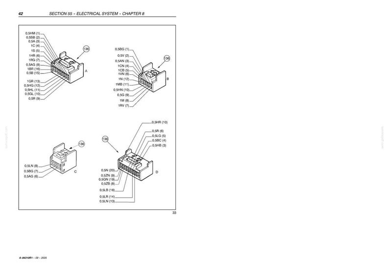 May include: A technical diagram from Section 55 - Electrical System - Chapter 8, displaying four distinct black and white line drawings of electrical connectors labeled A, B, C, and D, each featuring numbered pin assignments and specific wiring codes.