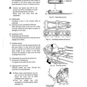 May include: A technical manual page titled 1-2 detailing the removal and installation of a crawler track. It features black and white line drawings showing the master pin, track links, idler, and a person using tools to wind and press fit the pin.