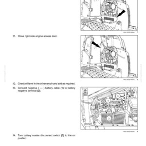 May include: Diagram of hydraulic systems with instructions. Includes illustrations of engine components, access panels, and battery connections. Text instructions detail steps for maintenance and operation.