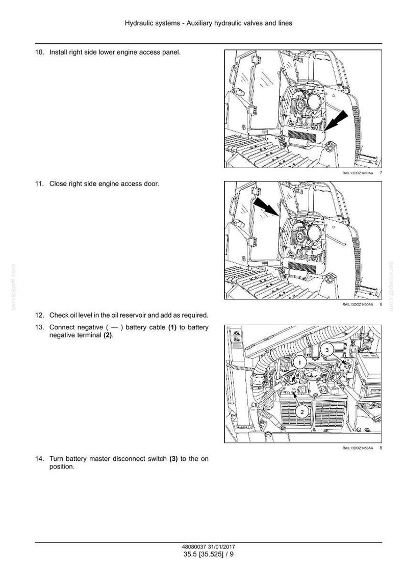 May include: Diagram of hydraulic systems with instructions. Includes illustrations of engine components, access panels, and battery connections. Text instructions detail steps for maintenance and operation.