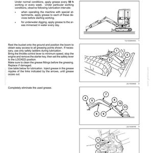 May include: A technical manual page titled 7-MAINTENANCE detailing grease points for an excavator boom, arm, and attachment. It includes text instructions and three black and white line drawings showing numbered lubrication points on the machinery.