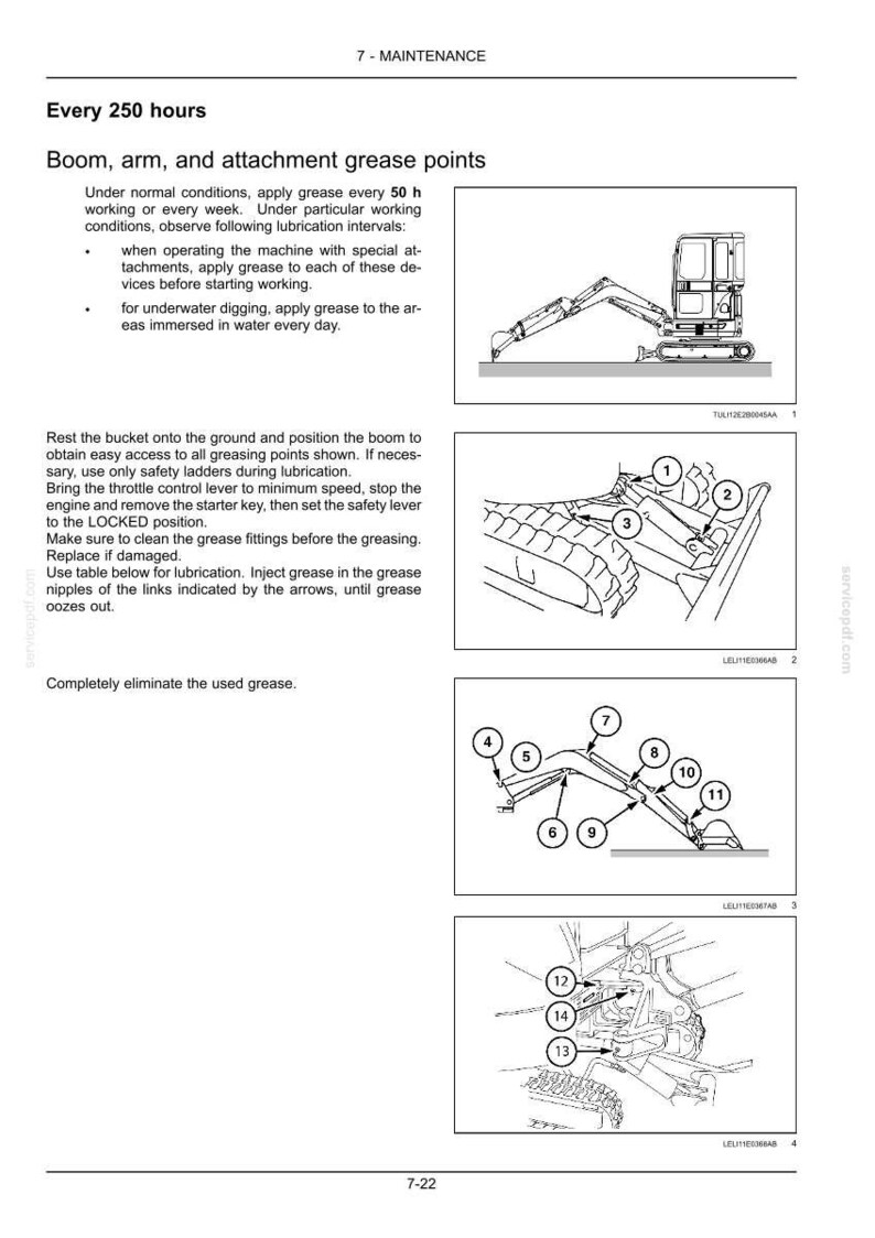 May include: A technical manual page titled 7-MAINTENANCE detailing grease points for an excavator boom, arm, and attachment. It includes text instructions and three black and white line drawings showing numbered lubrication points on the machinery.