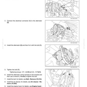 May include: Diagram of alternator installation steps. Instructions include connecting wires, installing caps and connectors, and tightening bolts. The image shows detailed views of the alternator and related components.
